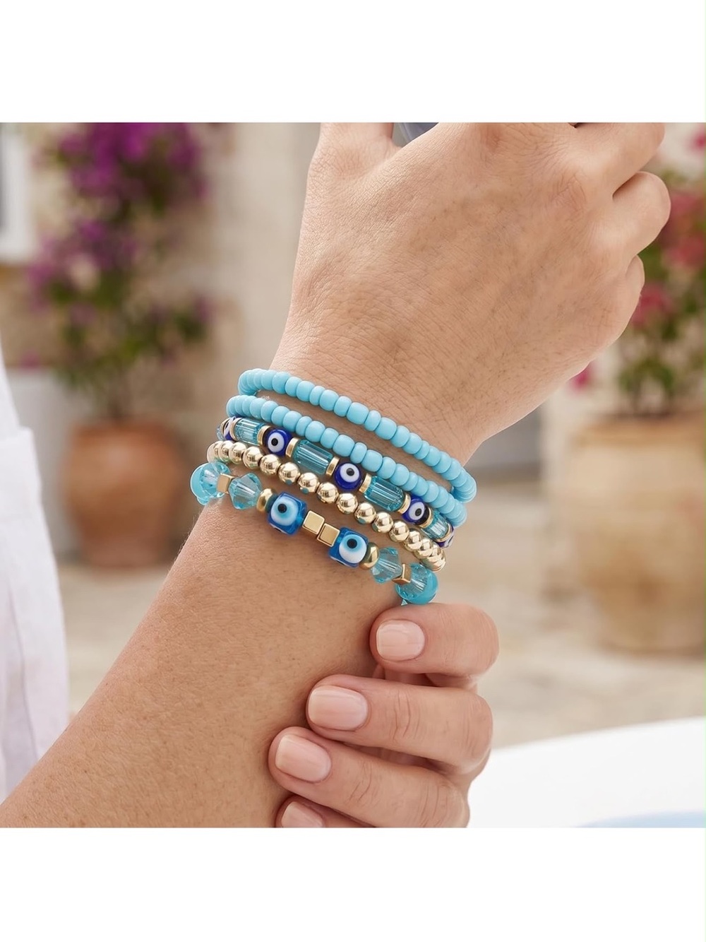 Anthropologie Turquoise & Gold Color Beaded Evil Eye Bracelet Stack